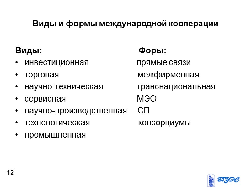 Виды и формы международной кооперации Виды:        